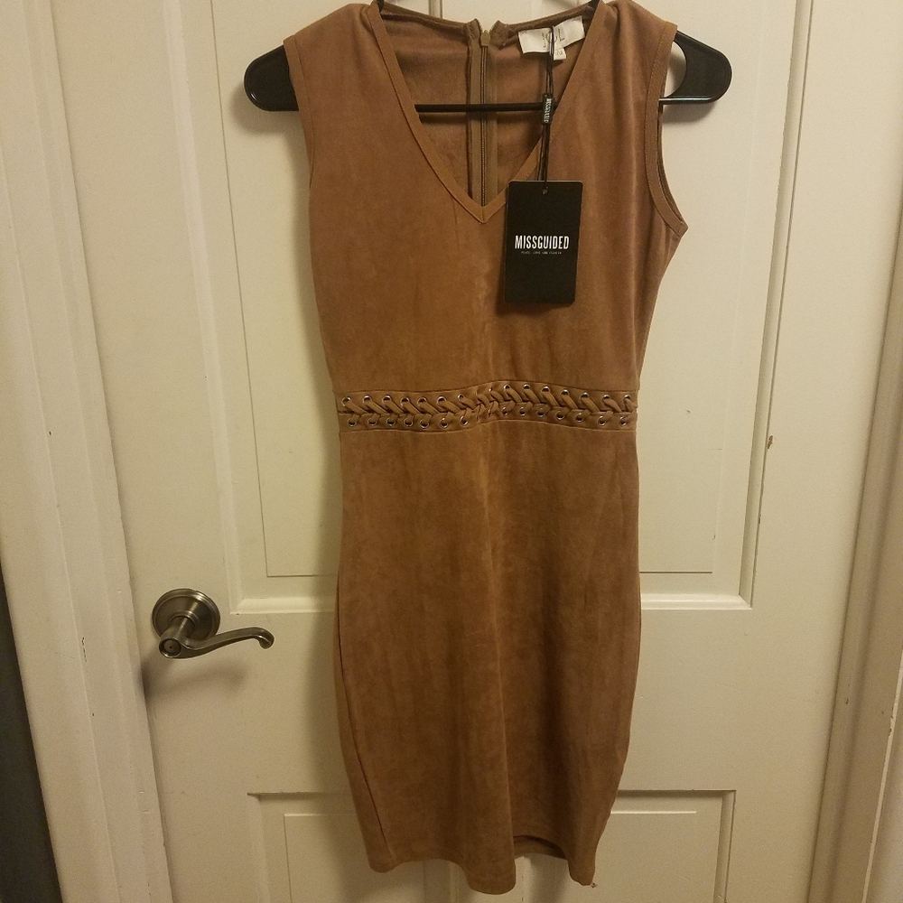 Missguided sz s/m stretchy brown suede laced dress